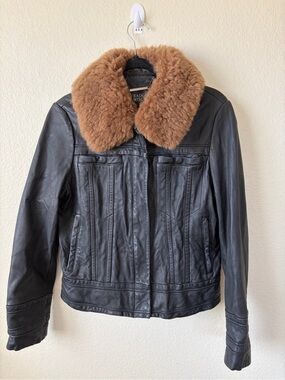 Badgley Mischka Black Leather Jacket with Brown Fur Collar